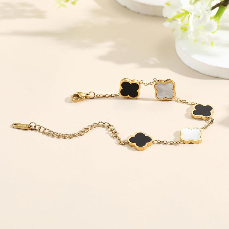AIPPK 18K Gold Plated Clover Lucky Bracelet for Women White/Black/Red/Green Flower Four Leaf Link Bracelets Trendy Jewelry Gifts for Women - Image 3